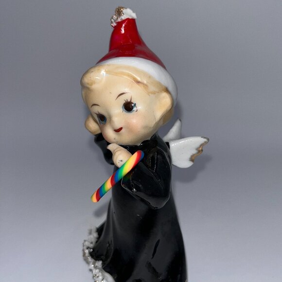 Vintage Dancing Angel Pixie Elf Santa Helper Ceramic Pixie Black Gown Candy Cane - Picture 3 of 13